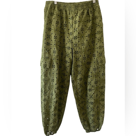 Anthropologie Women’s Eyelet Cargo Jogger Pants Army Green Cotton Pocket Size SP - Picture 4 of 10
